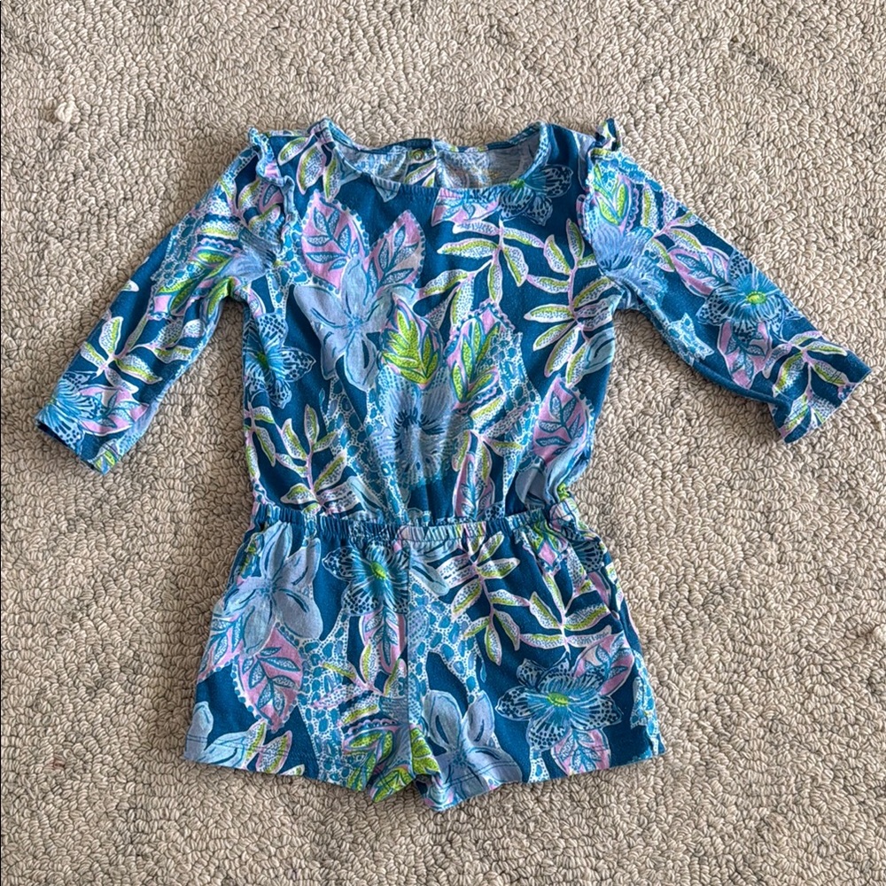 Lilly Pulitzer Girls Floral Blue Romper in Macaw Blue